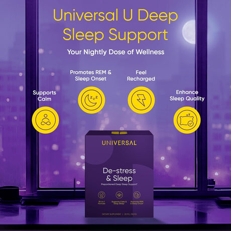 UNIVERSAL U De-Stress & Sleep MULTIVITAMIN Ashwagandha & THEANINE & VALERIAN Root & MELATONIN 30 PILL Packs